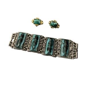 Vtg Unmarked Blue Black Marble Panel Chunky Wide 2” Bracelet 7” Clip Earrings